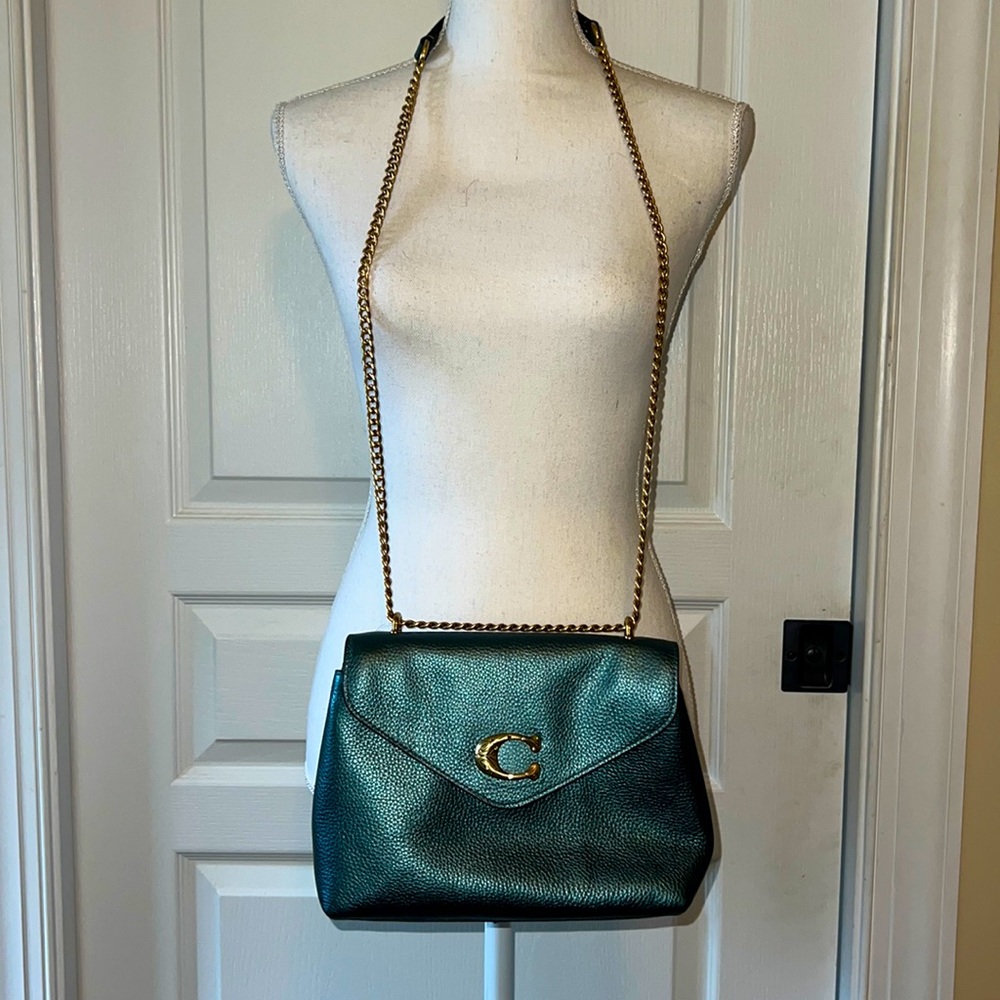 NWOT Metallic Green Coach Tammie Crossbody with Gold Chain Strap